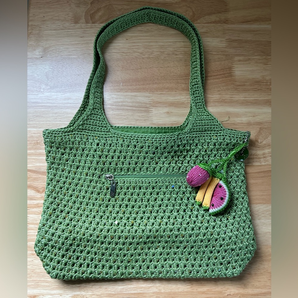 The Sak Green Woven Crocheted Sequin Hobo Bag w Fruit Keychain Charms Purse